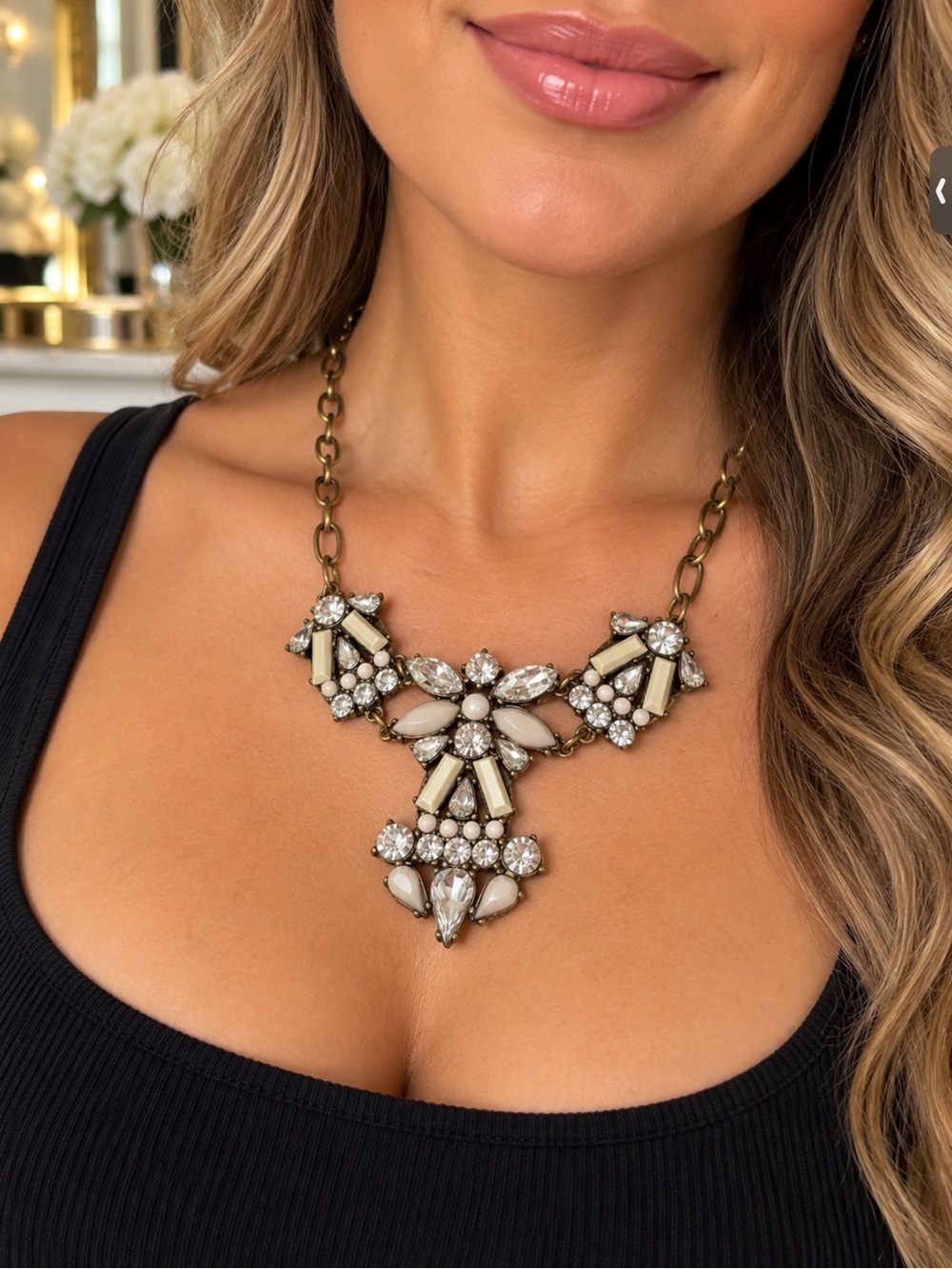 Statement Crystal Bib Necklace in Ivory and Gold